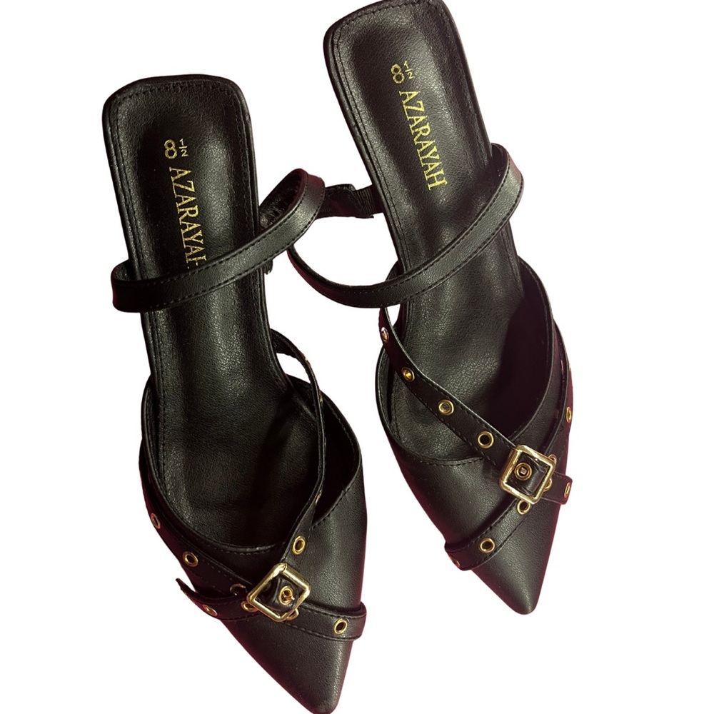AZARAYAH Black Strappy Heels with Gold Accents